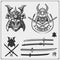 Set of samurai warrior masks, armor and weapon. Japanese warrior emblems, labels, badges and design elements.