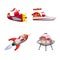 Set of Santa Claus of different types of transport vehicles boat, plane, rocket, UFO. Vector, illustration, isolated