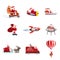 Set of Santa Claus of different types of transport vehicles truck, moped, boat, plane, rocket, drone, UFO, sled, balloon