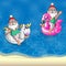 Set Santa Clauses with Flamingo and Unicorn inflatable float in front of sandy beach - summer vacation