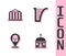 Set Santorini building, Parthenon, Greek helmet and Harp icon. Vector