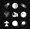 Set Satellite, Earth structure, Planet, UFO flying spaceship, Black hole and Astronaut helmet icon. Vector