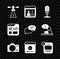 Set Satellite, Information, Microphone, Photo camera, Live stream, News and Speech bubble chat icon. Vector