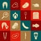 Set Sauce bottle, Fish, Burger, Steak meat, Fire flame, steak in frying pan, and Spatula icon. Vector