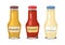 Set of sauces in glass bottles. Vector illustration of mayonnaise, ketchup and mustard