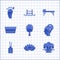 Set Sauna broom, Lotus flower, Massage, Yin Yang, Aroma diffuser, bucket, table and Foot massage icon. Vector