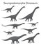 Set of sauropodomorpha dinosaurs. Monochrome vector illustration of dinosaurs isolated on white background. Side view