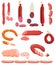 Set of sausages salami, pepperoni smoked sausage, beef meat, ham farm or butcher store production. Bacon or boiled