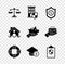Set Scales of justice, House with shield, Shield dollar, Lifebuoy, Graduation cap and coin, Document, flood and Piggy