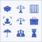 Set Scales of justice, Money bag, Old hourglass, Briefcase, Umbrella, Face recognition, Prison window and Graduation cap