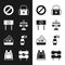 Set Scales of justice, Protest, Ban, First aid kit, Vote box, Air horn, Road barrier and Bulletproof vest icon. Vector