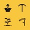 Set Scarecrow, Scythe, Sprout and Pickaxe icon with long shadow. Vector