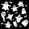 Set of scary white ghost characters on black background, Halloween holiday flat icon.