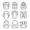 Set school backpack, sport and travel bag line icon