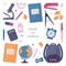 set of school bag supplies, clipart for knowledge day