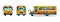 A set of School bus in three angles: front, profile and rear view. Watercolor.