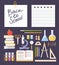 Set school items, supplies: schoolbook, microscope, chemical test tube, books, scissors on dark background.