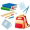 Set of school supplies. Color images of textbooks, pencil, rulers, pen, notebook and satchel on white background. Vector