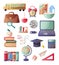 Set of school supplies necessary for each student for effective classes. School bus to get to school, alarm clock, calculator,