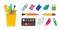 A set of school supplies, stationery, paints, brushes, sharpeners, pencils, eraser erasers. Vector illustration in a