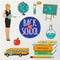 Set of school teaching design elements. Back to school inscription and colorful education icons for your design