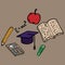 Set on a school theme. Vector illustration of a textbook, calculator, apple and pencil set on a school theme