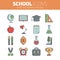 A set of school thin lined flat icons with education elements