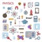 Set of scientific physics vector flat icons, Physics education symbols in colored cute design with physical elements for