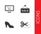 Set Scissors cuts discount coupon, Shopping cart monitor, Woman shoe and Hanging sign with text Sale icon. Vector