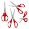 Set of Scissors with red plastic handles, open and closed