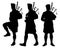 Set of Scottish man bagpipers in traditional dress silhouette vector on white background