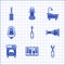 Set Screwdriver, Test tube with water drop, Wrench spanner, Pipe adapter, Washer, Toilet urinal or pissoir, Bathtub and