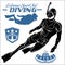 Set of scuba diver silhouette and diving labels