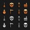 Set Scythe, Castle, Skull, Camping lantern, Bomb ready to explode, Candy, Witches broom and Hockey mask icon. Vector