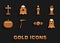 Set Scythe, Zombie hand, Ghost, Candy, Pumpkin, Burning candle, Tombstone with cross and icon. Vector