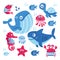 Set of sea animals fish shark whale jellyfish star seahorse crab turtle