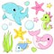 Set of sea animals in kawaii style. Collection- little shark, cute dolphin, fish, seahorse, starfish