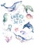 Set of sea animals poster. Blue watercolor ocean fish, turtle, whale and coral. Shell aquarium background. Nautical