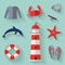 Set of sea and beach flat icons. Vector illustrati