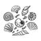 Set of sea creatures in a circle, hand-drawn in sketch style. Circle frame of seashells, seaweed and small fish. Summer