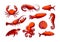 Set of sea creatures icons. Crab, shrimp, tuna, squid, lobster, octopus, shell, turtle, seahorse collection. Cartoon red