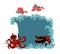 A set of sea creatures, monsters, flying fish, red octopus, black dragon, a space for text on a wave