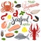 A set of sea food. Squid, octopus, red fish, fillet,mussels, crab, crayfish, lemon, green twigs. A collection in a flat