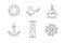 Set of sea icons vectors the contours of the black outline. Isolated on white. Anchor Ship Wheel Seagull lighthouse and a lifeline