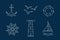 Set of sea icons vectors the contours of the white outline on dark blue background. Anchor Ship Wheel Seagull lighthouse and a