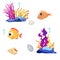 Set of sea inhabitants, fish, plants and animals, corals isolated on a white background, vector