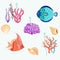 Set of sea inhabitants, fish, plants and animals, corals isolated on a white background, vector