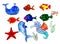 Set sea inhabitants whale Dolphin starfish fish seahorse seaweed coral