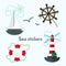 Set of sea object - lighthouse, sail boat, ship wheels and lifebuoy.