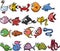 Set of sea and ocean underwater animals. Cute aquatic turtle, whale, narwhal, dolphin, octopus and colorful fishes